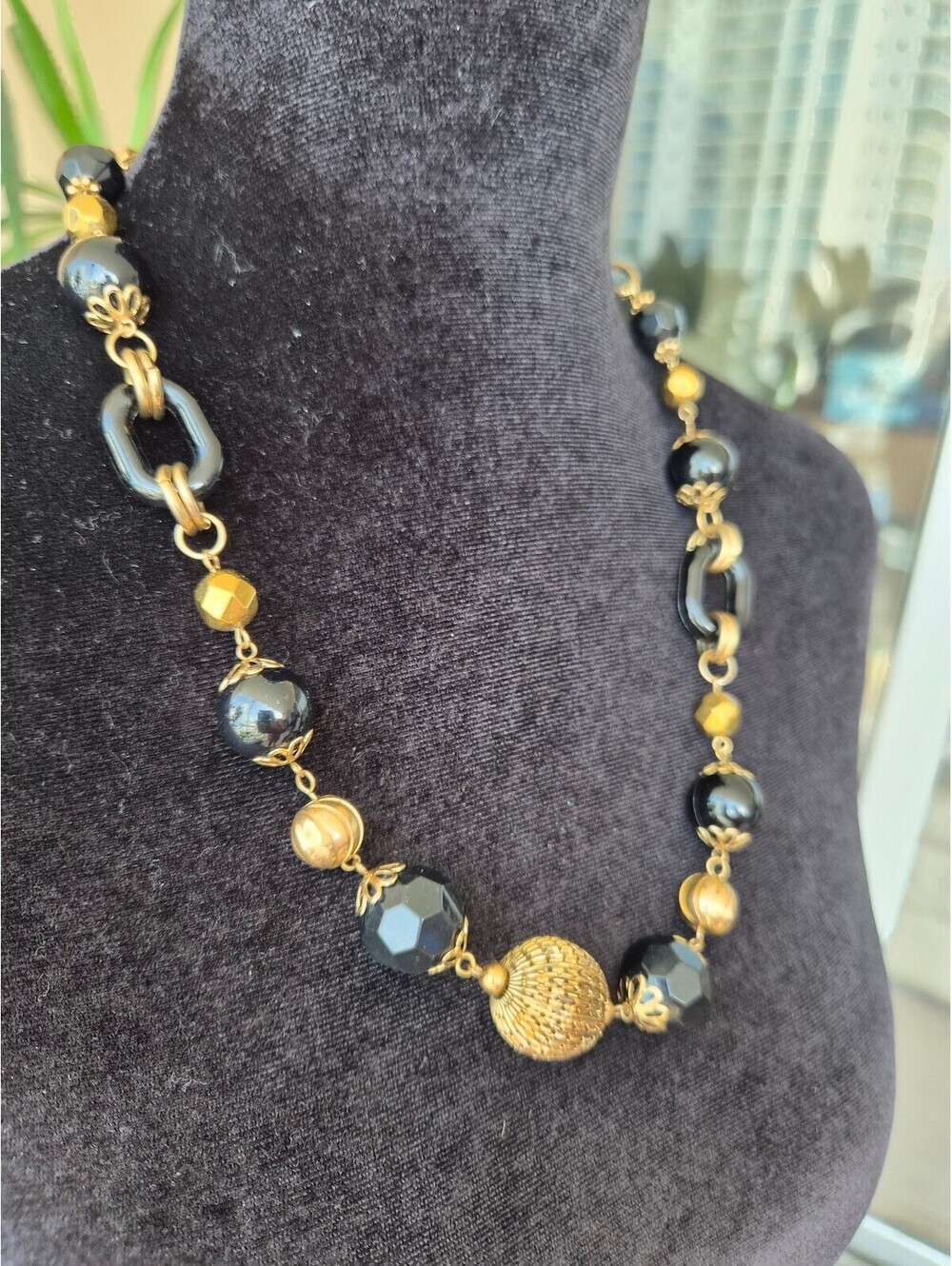 Vintage Black and Gold Beaded Statement Necklace Mixed Beads Hook Clasp